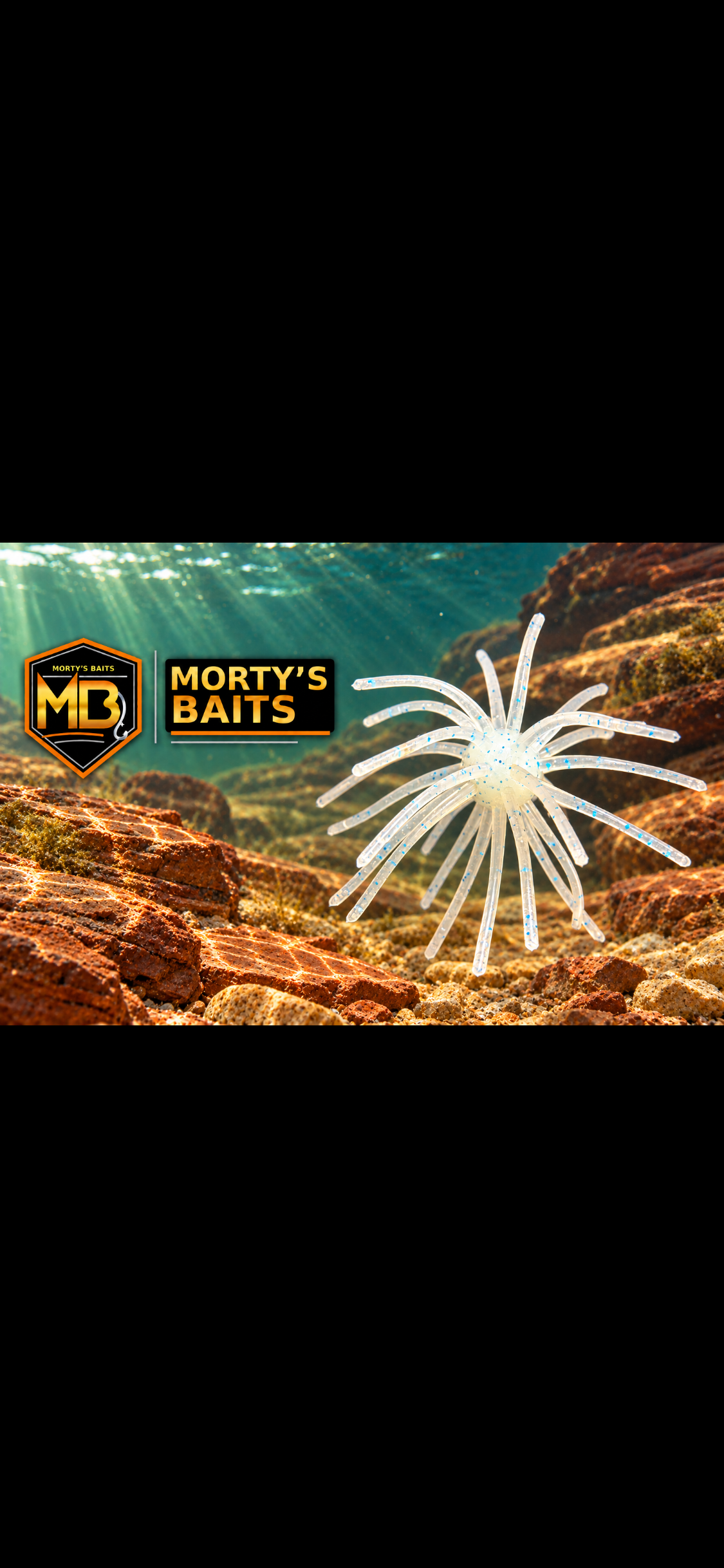 Morty's Baits Arizona Ghost lure shown against an underwater rocky background